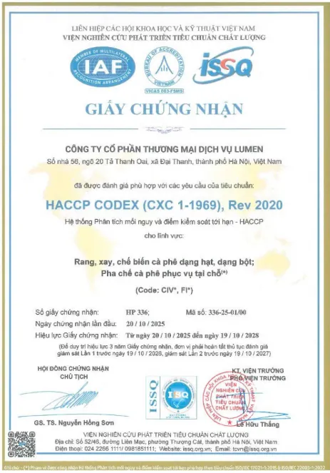 Giấy chứng nhận HACCP CODEX của Công ty CP TMDV Lumen